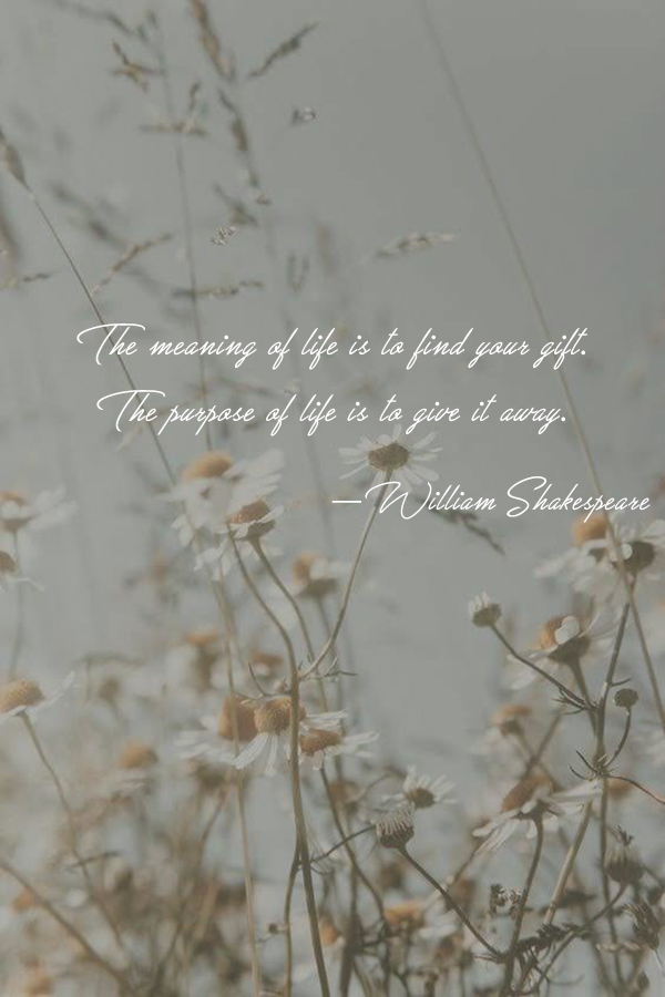 The meaning of life is to find your gift. The purpose of life is to give it away William Shakespeare
